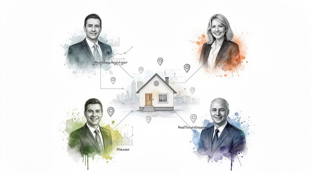 Een illustratie van een huis verbonden met vier professionals en locatiepins, voor vastgoedprocessen.
