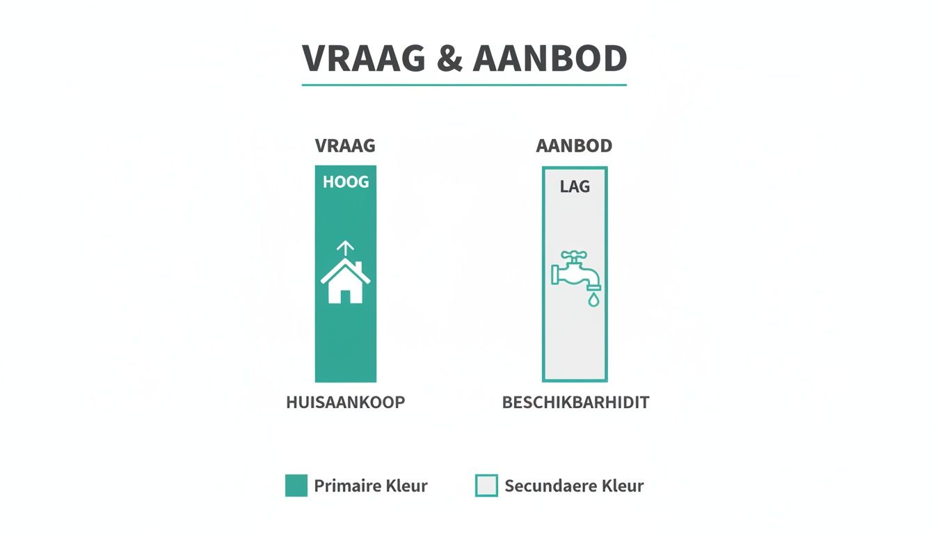 Illustratie over vraag en aanbod. Hoge vraag naar huizen, laag aanbod van beschikbare woningen.