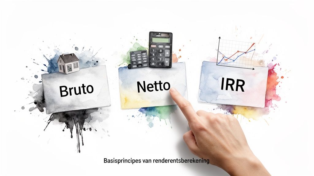 Afbeelding toont de basisprincipes van rendementsberekening: bruto, netto en IRR met illustraties van een huis, rekenmachines en grafiek.