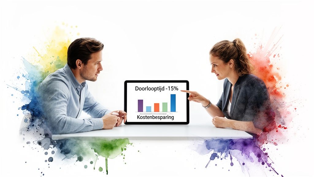 Twee mensen bespreken een tablet met een grafiek over doorlooptijd en kostenbesparing, omringd door kleurrijke spetters.