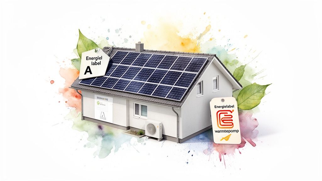Een duurzame woning met zonnepanelen en energielabel A, inclusief label voor een warmtepomp.