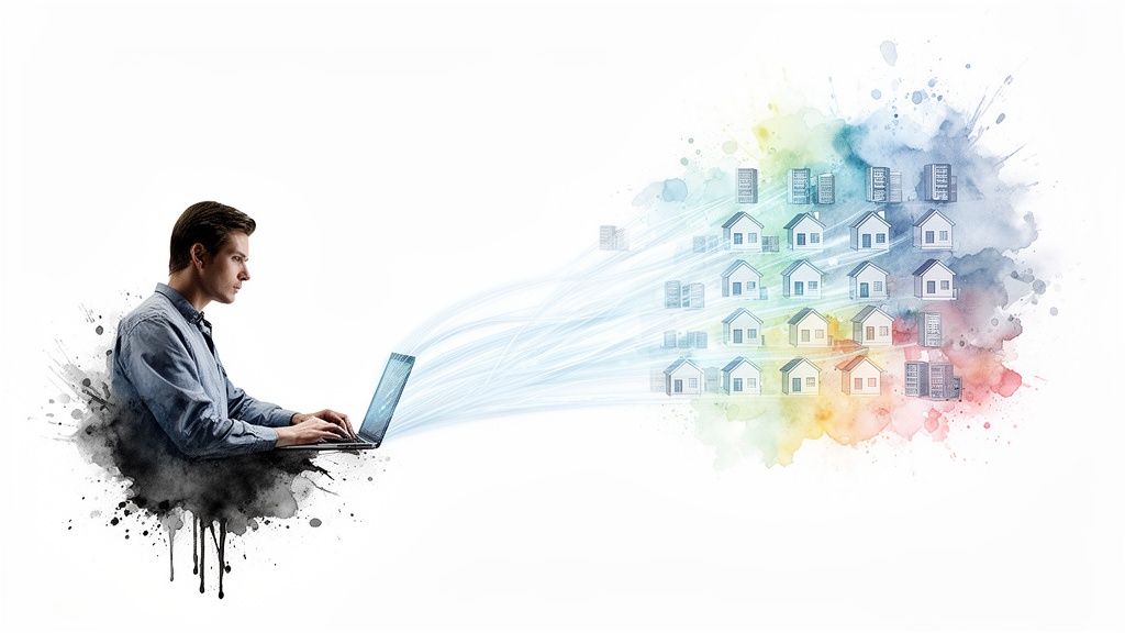 Een man gebruikt een laptop om gegevens te beheren die naar huizen en servers stromen, wat vastgoed en data symboliseert.