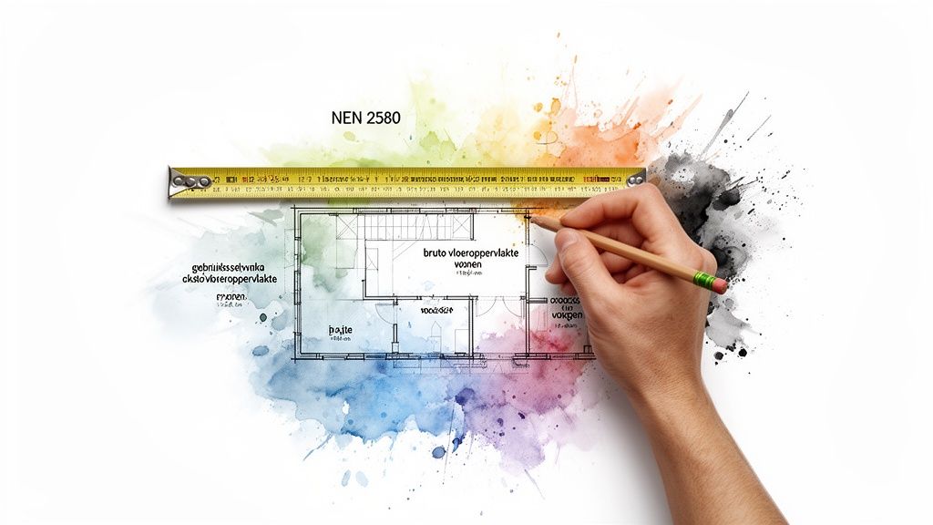 Hand tekent plattegrond met meetlint en de tekst "NEN 2580", wat de meting van vloeroppervlakte van een woning symboliseert.
