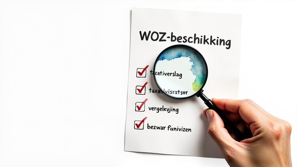 Een hand houdt een vergrootglas boven een WOZ-beschikking met checklist voor bezwaar en waardering.