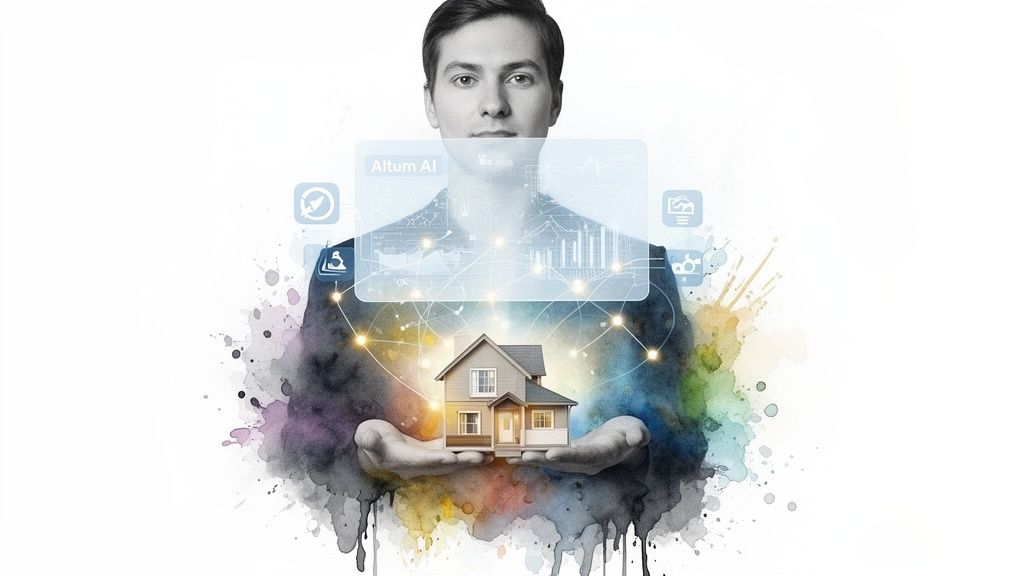 Een man houdt een huis vast met een digitaal scherm van Altum AI en gegevens daarboven, symboliseert woningtaxatie met technologie.