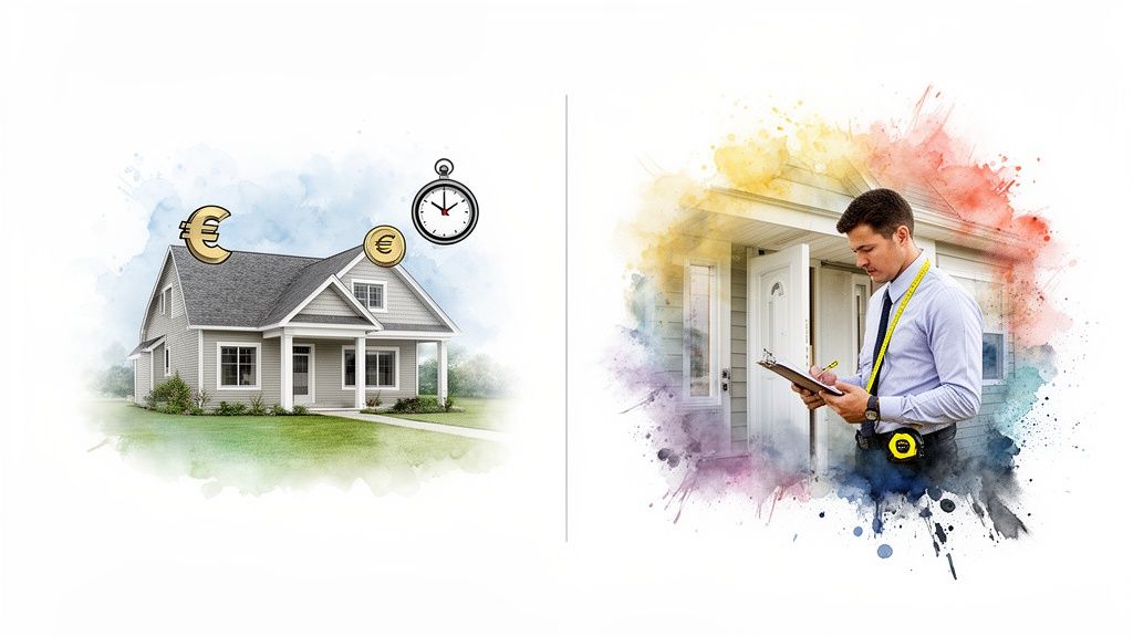 Een huis met eurotekens en klok naast een taxateur die aantekeningen maakt, illustreert woningtaxatie.