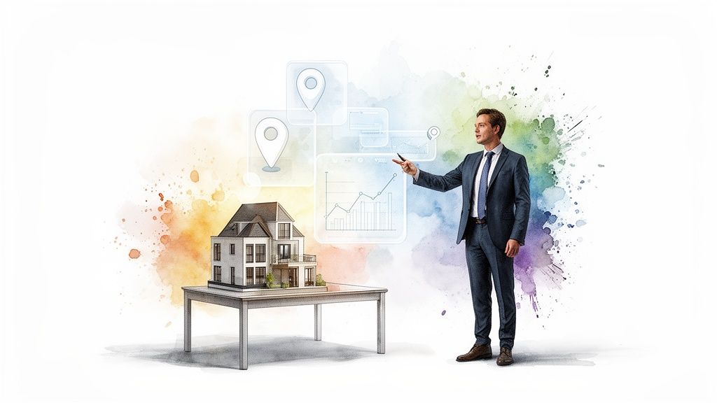 Een makelaar toont een huismodel op een tafel, omringd door digitale data-analyse over vastgoedmarktwaarde.