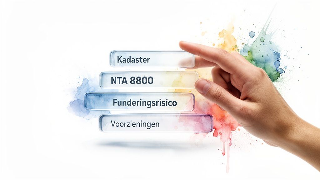 Een hand selecteert transparante labels met de woorden Kadaster, NTA 8800, Funderingsrisico en Voorzieningen op een aquarel achtergrond.