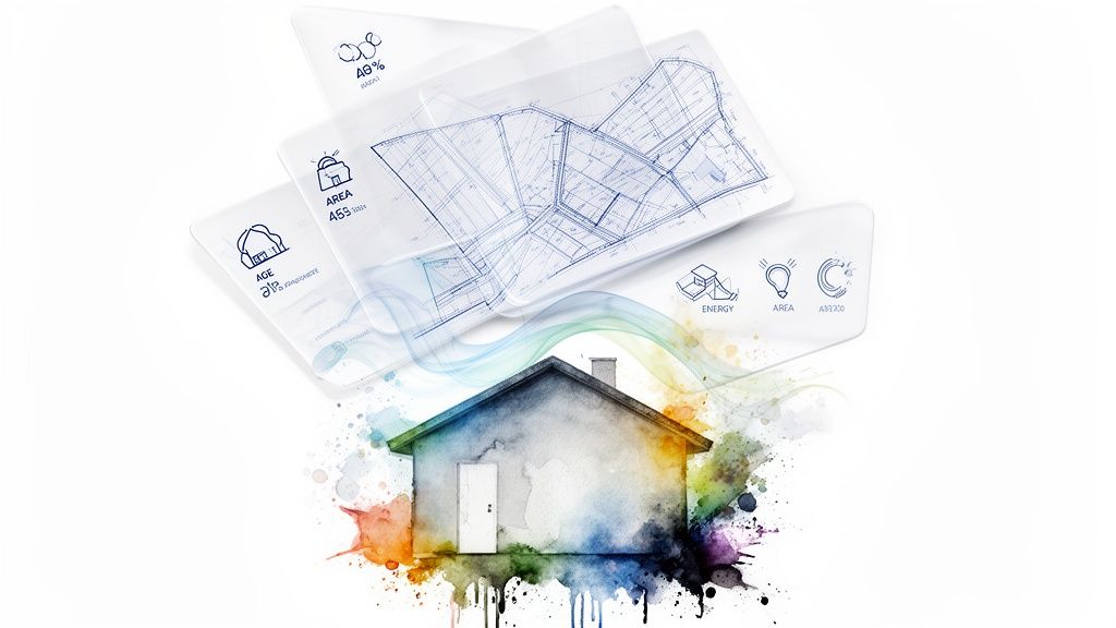 Aquarel huis met zwevende datakaarten van plattegronden, leeftijd, oppervlakte en energieverbruik, voor online waardebepaling.