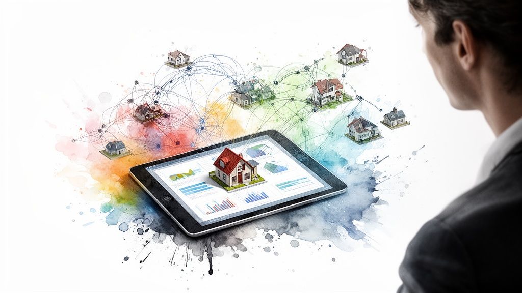 Man kijkt naar tablet met 3D-huis, datavisualisaties en verbonden woningen in een netwerk.