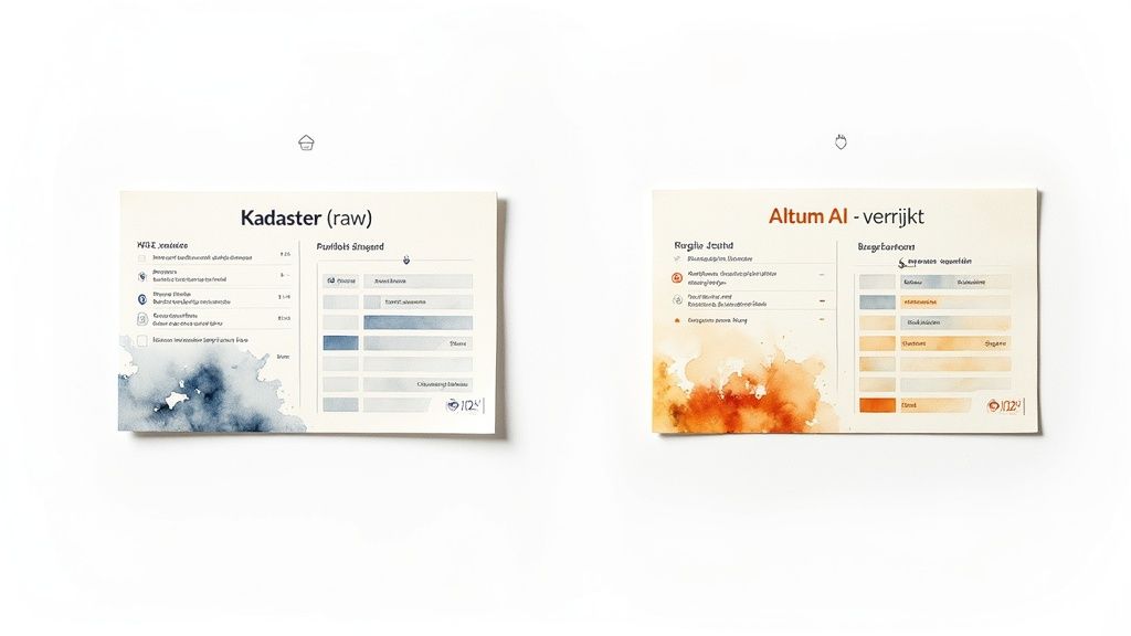 Twee kaarten tonen een vergelijking tussen ruwe Kadasterdata en verrijkte data door Altum AI, met diverse gegevens en visuals.