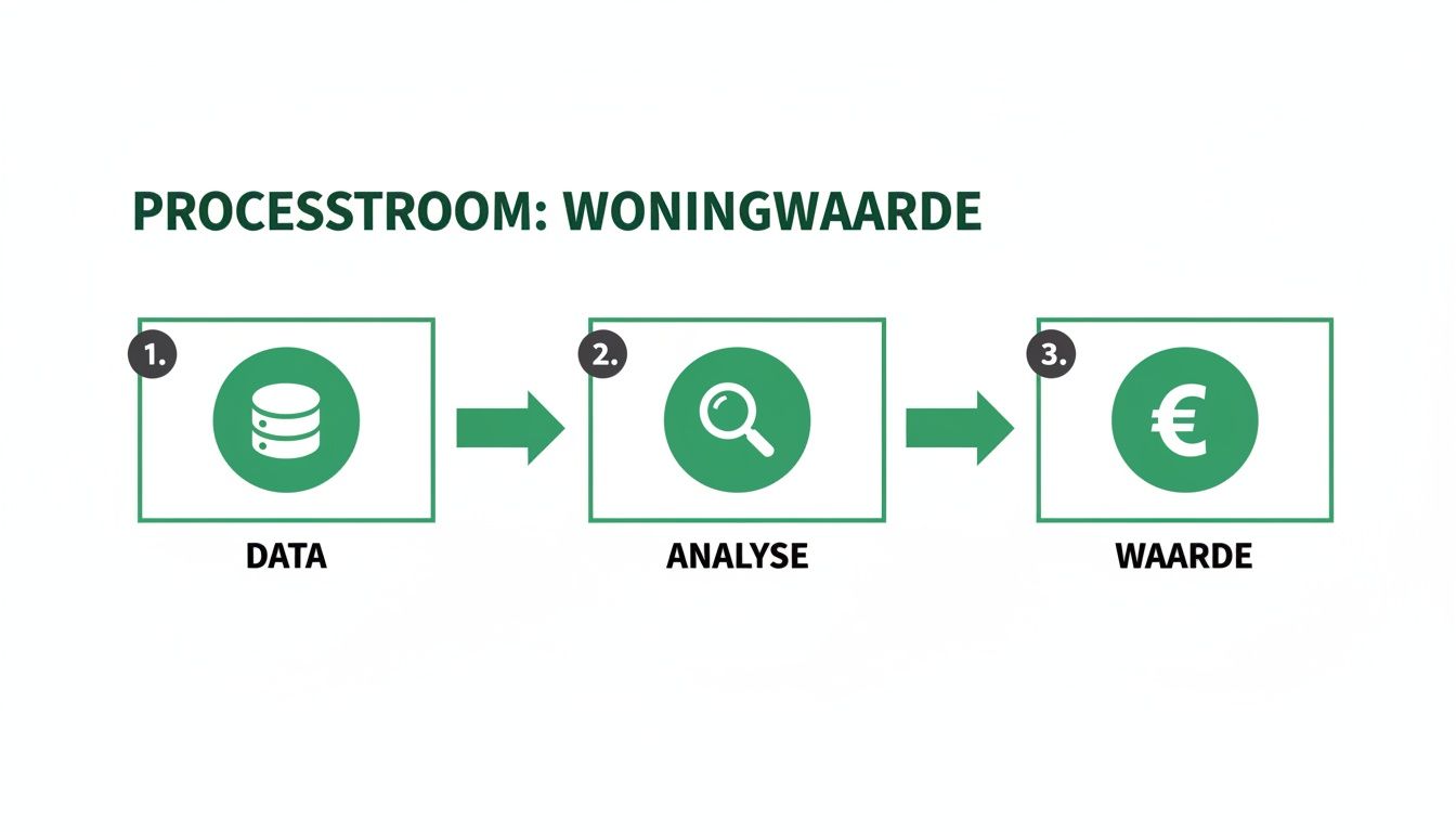 Visualisatie van het proces om woningwaarde te bepalen, van dataverzameling tot analyse en de uiteindelijke waardebepaling.