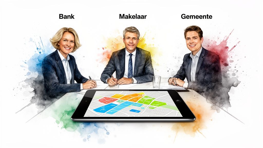 Drie professionals (bank, makelaar, gemeente) werken samen aan een tafel met een tablet dat een stadskaart toont.