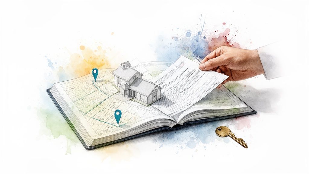 Een open boek met een plattegrond van percelen en huizen, een hand met een document en een huissleutel.