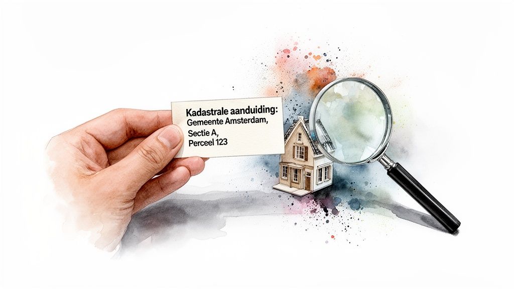 Een hand houdt een kaartje vast met een kadastrale aanduiding, een huisje en een vergrootglas symboliseren onderzoek.