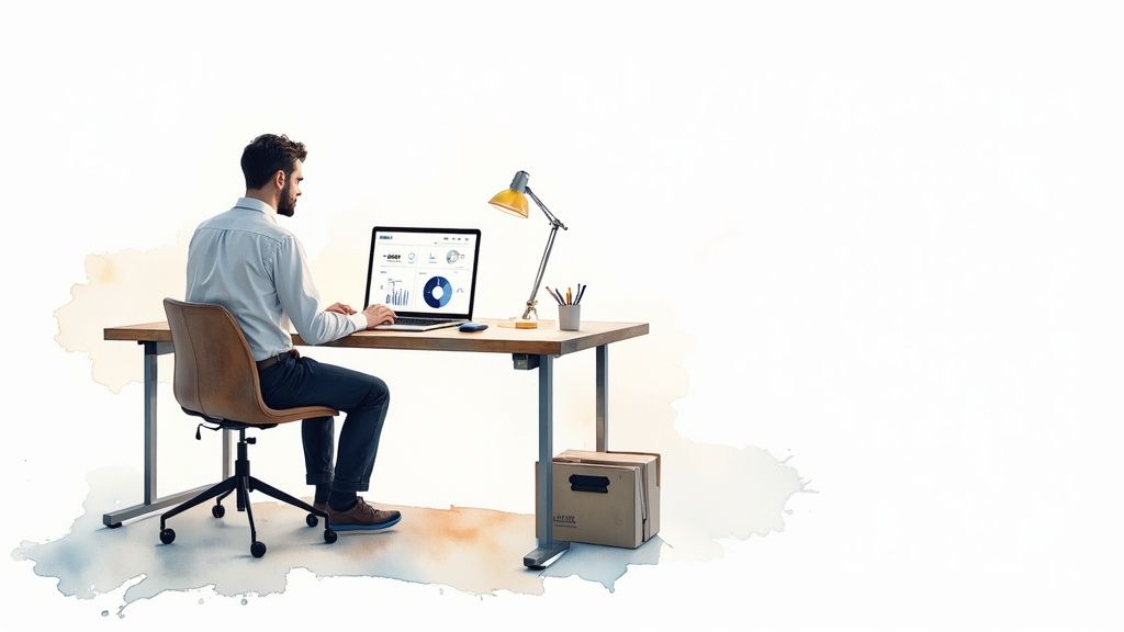 Man werkt achter een laptop op een bureau met een grafieken en diagrammen op het scherm.