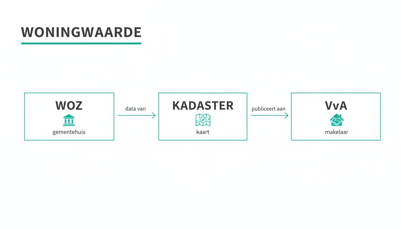 Diagram dat de waardebepaling van een woning toont, van WOZ via Kadaster naar de VvA/makelaar.