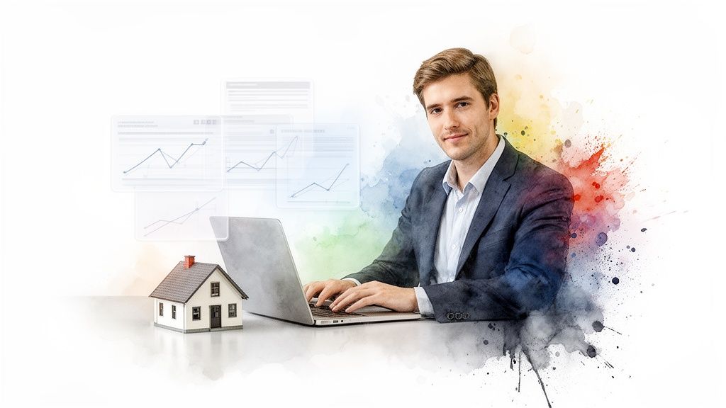 Een glimlachende makelaar werkt op een laptop met een huismodel en financiële grafieken, met abstracte aquarelspatten.