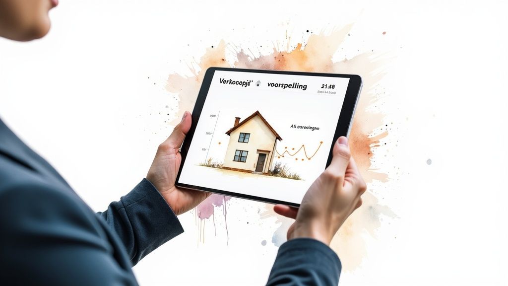 Persoon houdt een tablet vast met een app die de verkooptijd en voorspellingen voor een huis weergeeft, omringd door aquarelspatten.