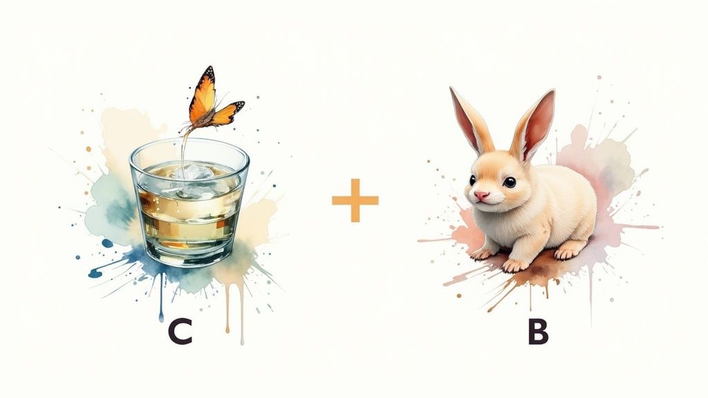 Visuele vergelijking van energielabel C en B met glas water en konijn illustratie