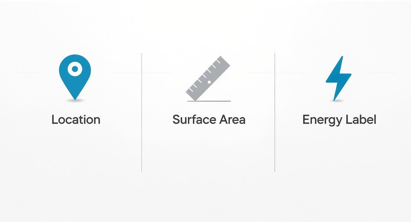 Drie pictogrammen met labels: locatie, oppervlakte en energielabel, gerelateerd aan huiswaarde.