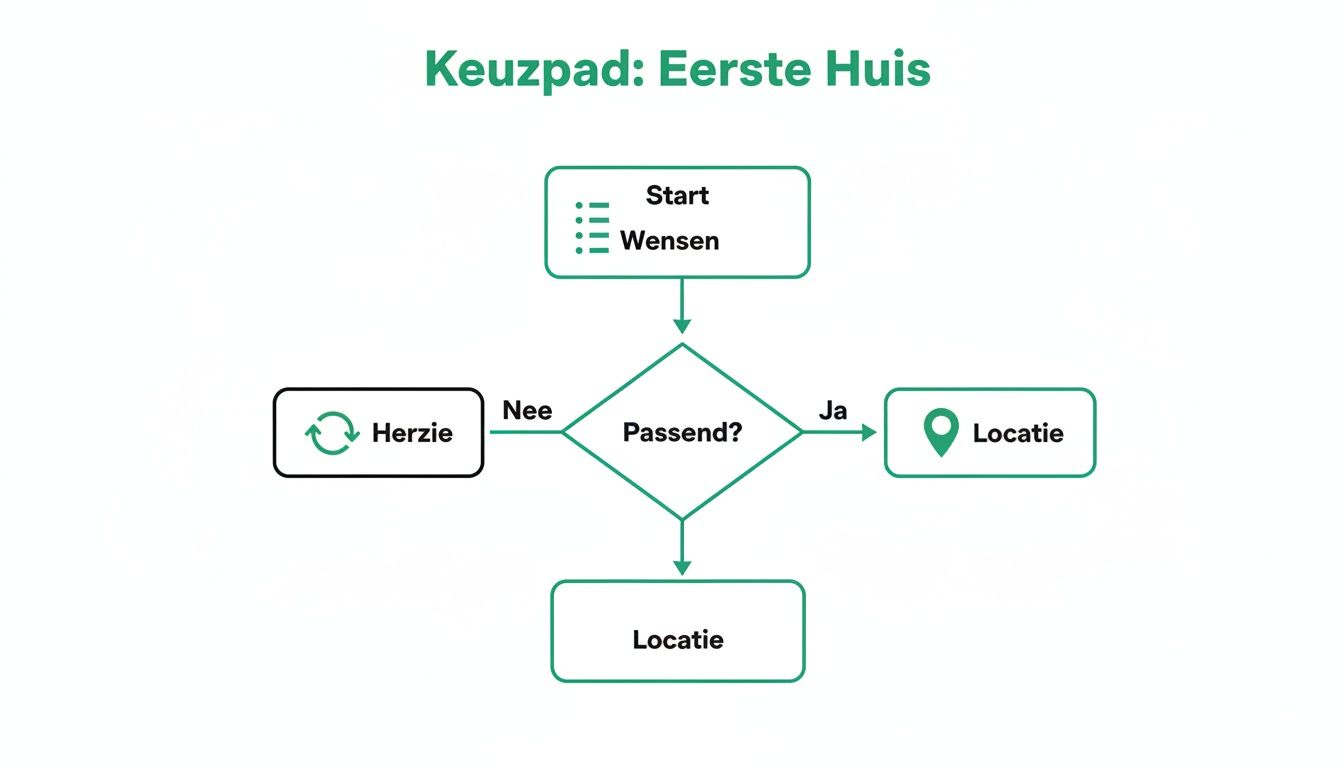 Flowchart over het keuzepad voor een eerste huis, inclusief wensen, passendheid en locatie.