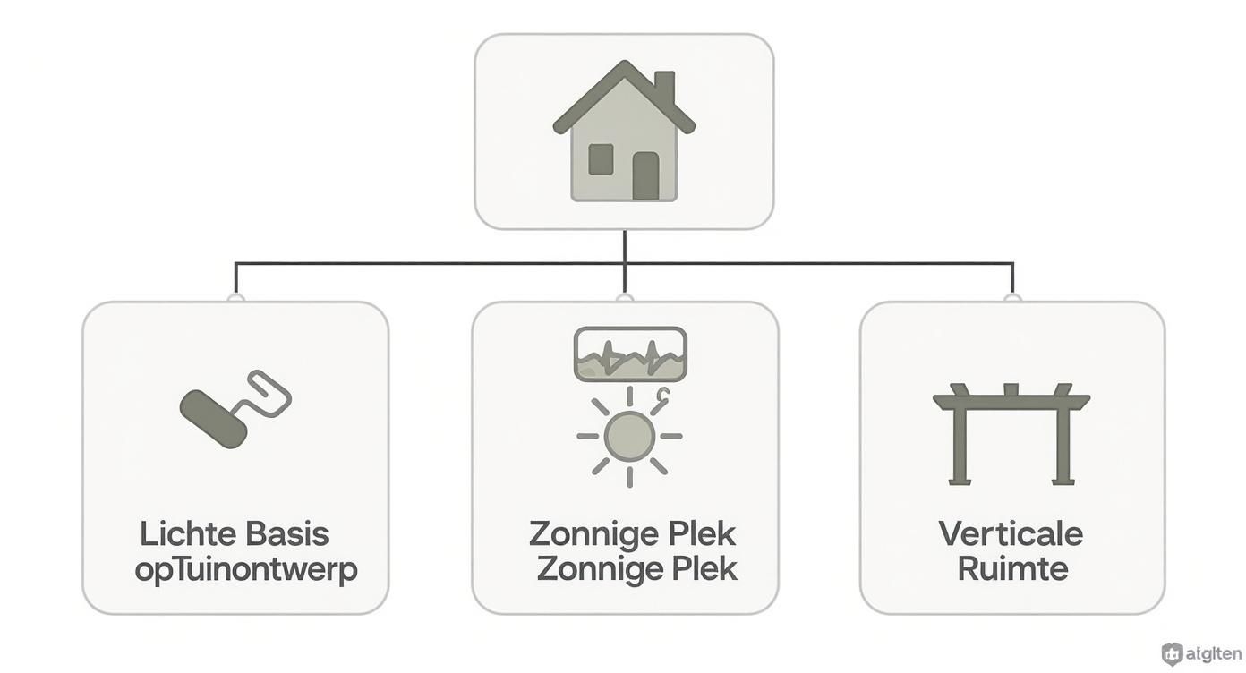 Een schema toont een huispictogram verbonden met elementen voor tuinontwerp: een troffel, een zonnige plek indicator en een pergola.