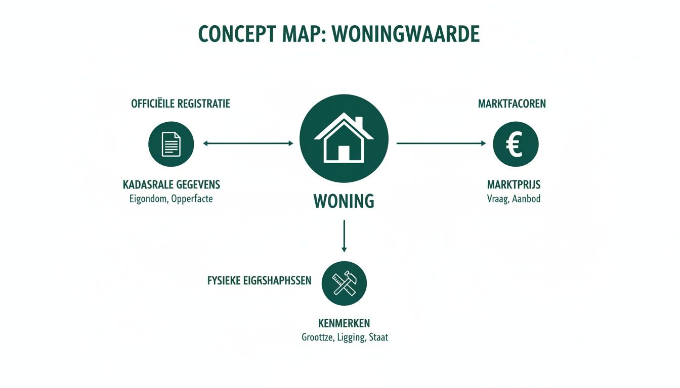 Conceptkaart over woningwaarde, met factoren zoals kadastrale gegevens, marktprijzen en fysieke eigenschappen van de woning.