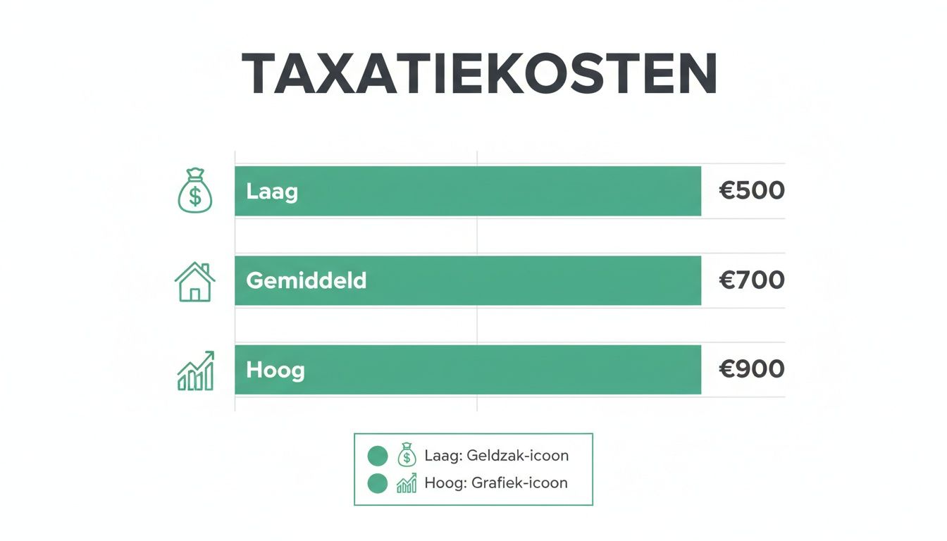 Overzicht van taxatiekosten voor een woning, gesorteerd in laag, gemiddeld en hoog met bijbehorende bedragen in euro's.