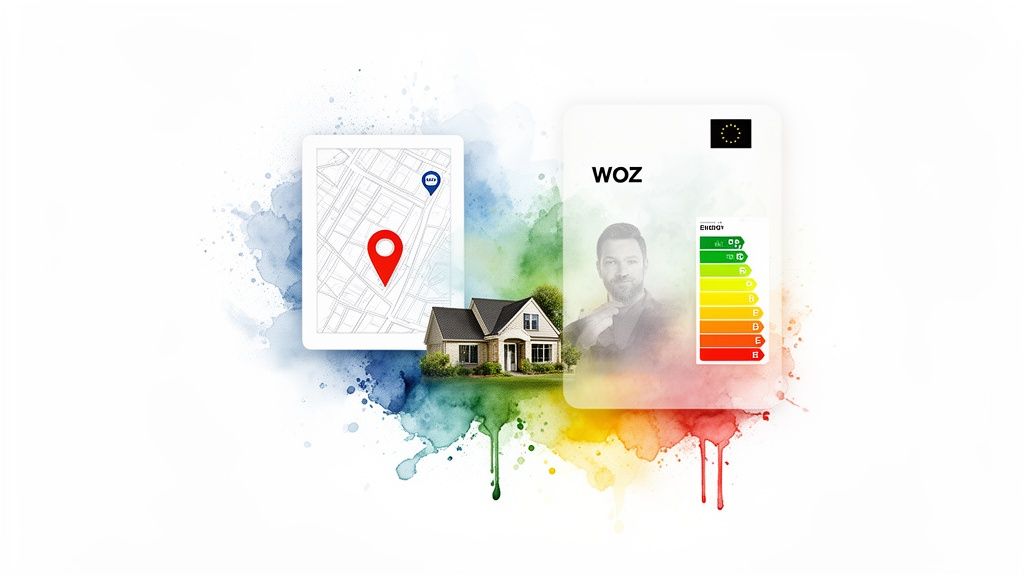 Een conceptuele afbeelding met een tablet, huis, en energielabel, omringd door waterverfspatten, symboliserend de WOZ-waarde.
