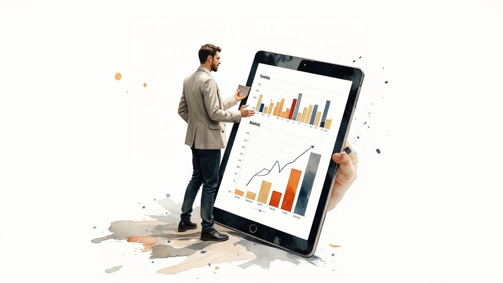 Zakenman presenteert datavisualisatie en groeigrafiek op tablet voor energielabel analyse