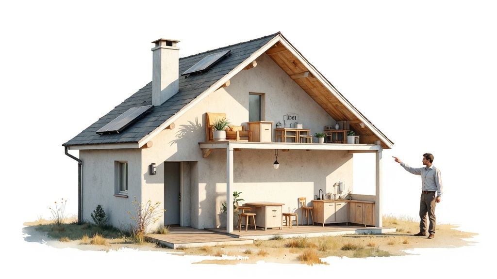 Dwarsdoorsnede van een modern huis met zonnepanelen, open interieur en een man die ernaar wijst.