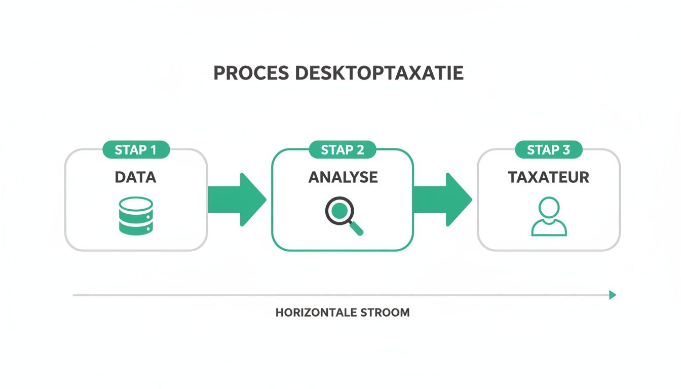 Duidelijke infographic van het desktoptaxatieproces met stappen voor data, analyse en taxateur, als horizontale stroom.
