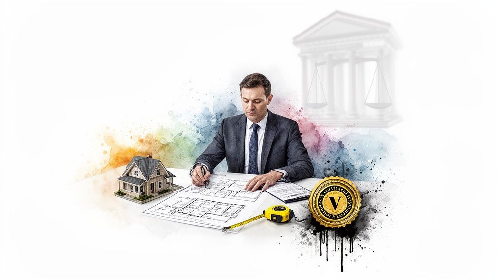 Man werkt aan bouwtekeningen van een huis met rolmaat, huismodel en gerechtsgebouw op de achtergrond.