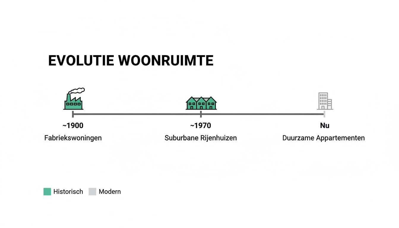 Tijdlijn die de evolutie van woonruimte toont, van fabriekswoningen rond 1900 tot duurzame appartementen nu.