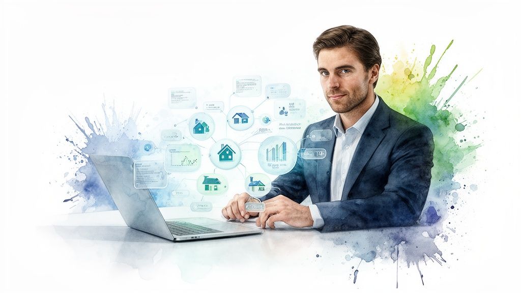 Zakenman met laptop en een netwerk van huizen- en data-iconen in waterverfstijl.