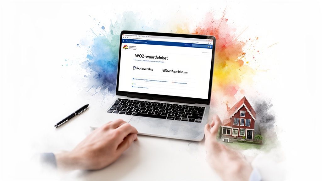 Persoon zoekt WOZ-waarde van huizen op via een laptop op een website, met een modelhuis ernaast.