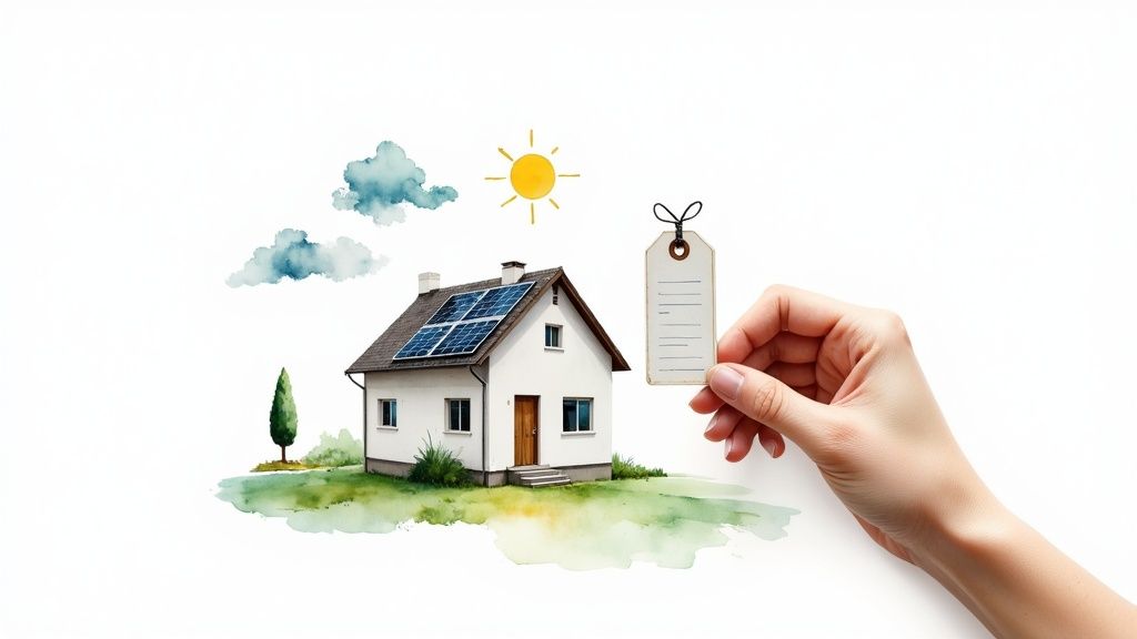 Schilderij van een huis met zonnepanelen, zon, wolken en een hand die een leeg prijskaartje vasthoudt.