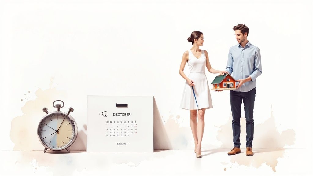 Een stel houdt een miniatuurhuis vast, met een klok en kalender die tijd en huizenverkoop symboliseren.