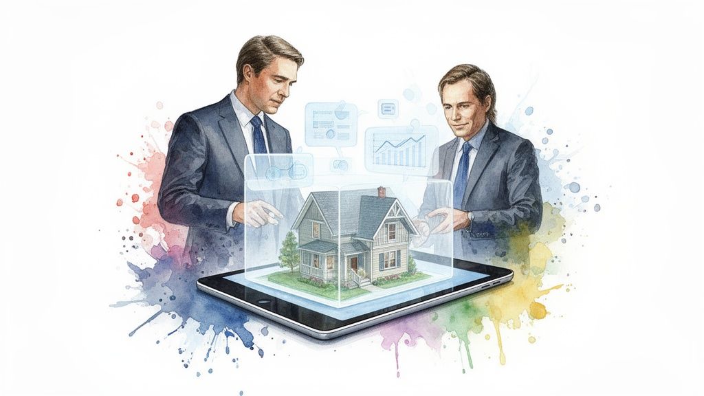 Illustratie van twee mannen in pak die digitale vastgoedinformatie en een huismodel op een tablet bestuderen.