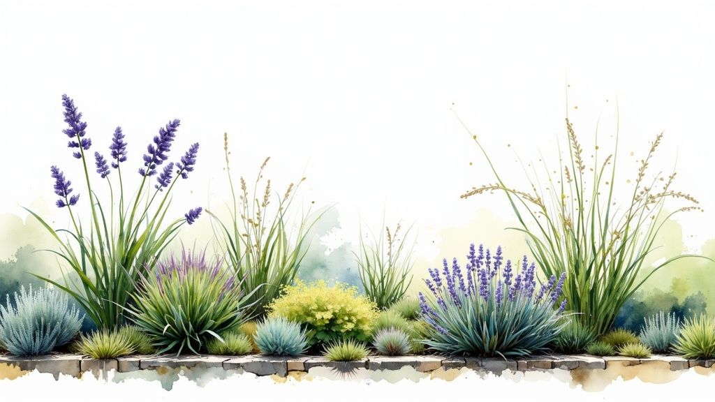 Een aquarelillustratie van een levendige tuinrand met paarse lavendel, siergrassen en diverse groenblijvende struiken bovenop een stenen muur.