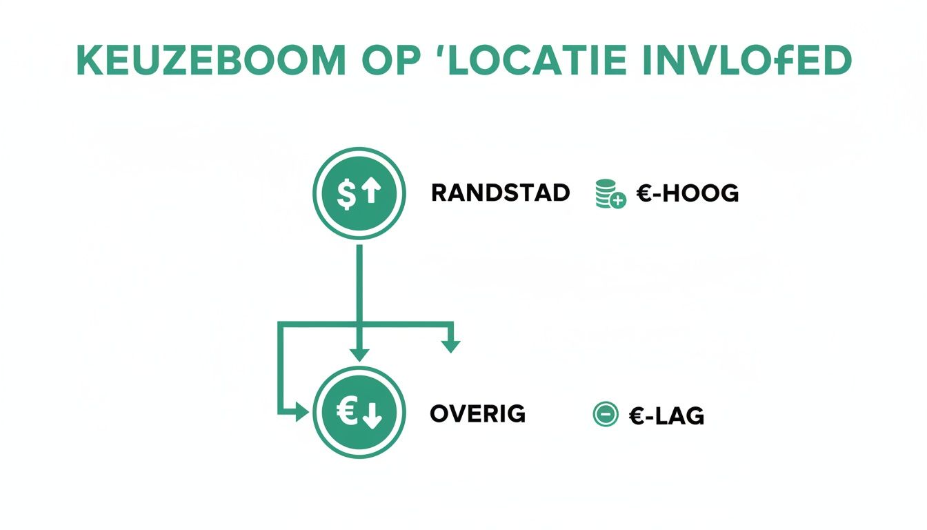 Keuzeboom die de invloed van locatie op kosten voor huistaxatie visualiseert, met Randstad hoog en overig laag.