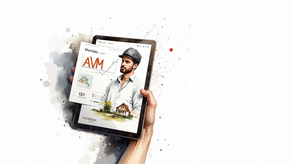 Een hand houdt een tablet vast met een app voor huistaxatie, inclusief een man, grafieken en een huis.