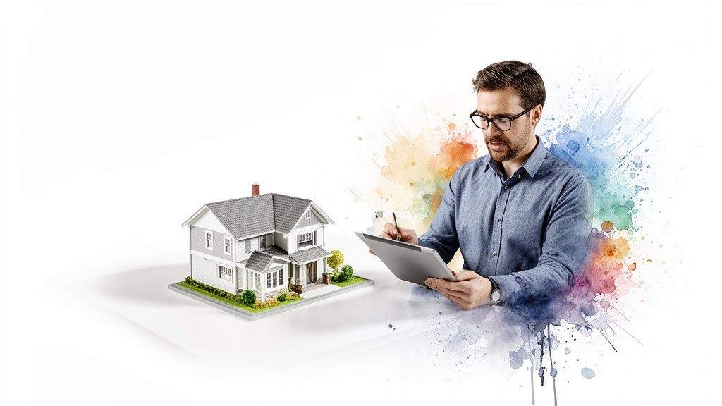 Een man met bril en tablet inspecteert een miniatuur huis, omringd door kleurrijke verfspetters, symbool voor huisevaluatie.