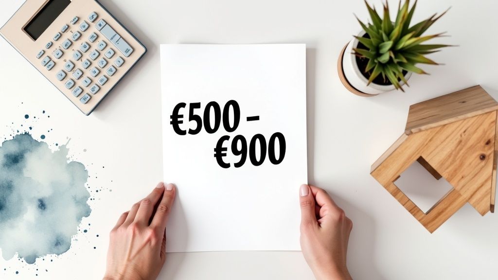 Een persoon houdt een blad papier vast met '€500 - €900', naast een rekenmachine en modelhuis.