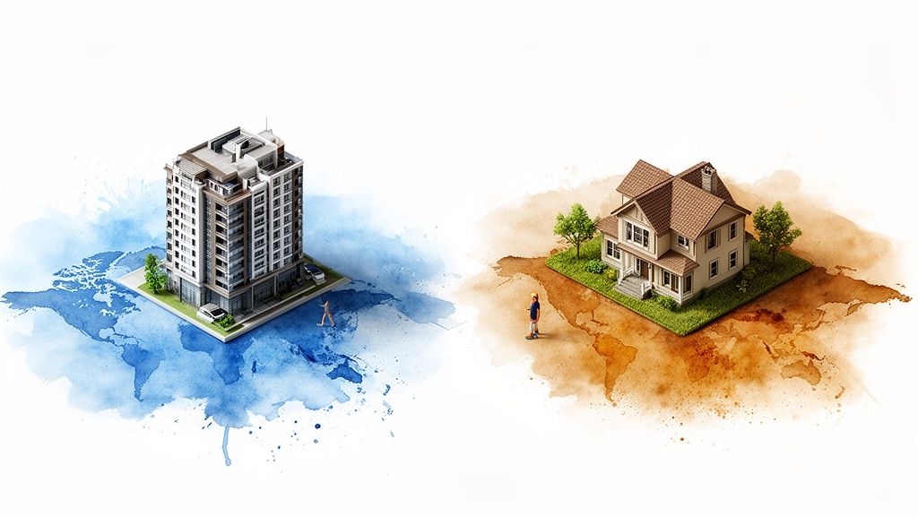 Vergelijking van een modern appartementengebouw op een blauwe kaart en een traditioneel huis op een bruine kaart.