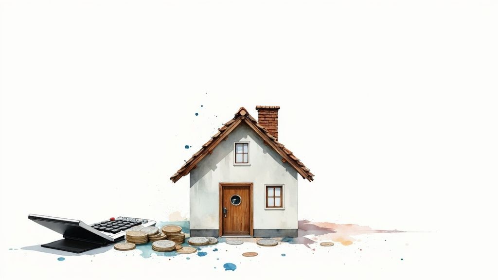 Een aquarel van een klein huisje met een rekenmachine en munten, symboliserend de kosten van een woning.