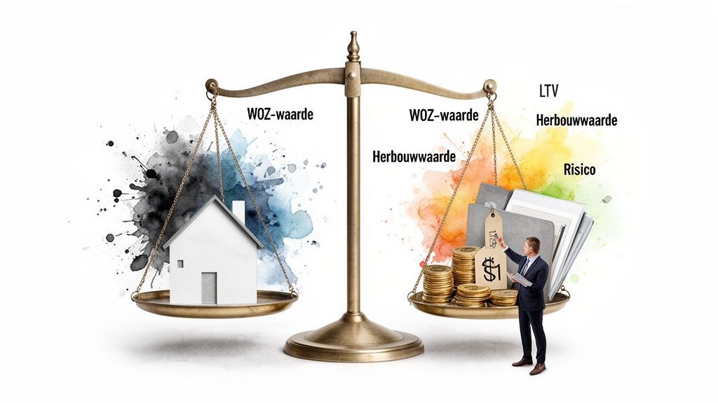 Een weegschaal die de WOZ-waarde, herbouwwaarde, LTV en risico's van een woning in balans brengt.