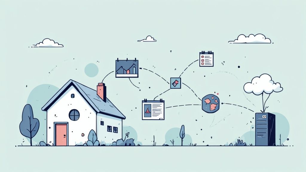 Een taxateur gebruikt een tablet om data te analyseren in een moderne woning, wat de integratie van technologie in het taxatieproces illustreert.