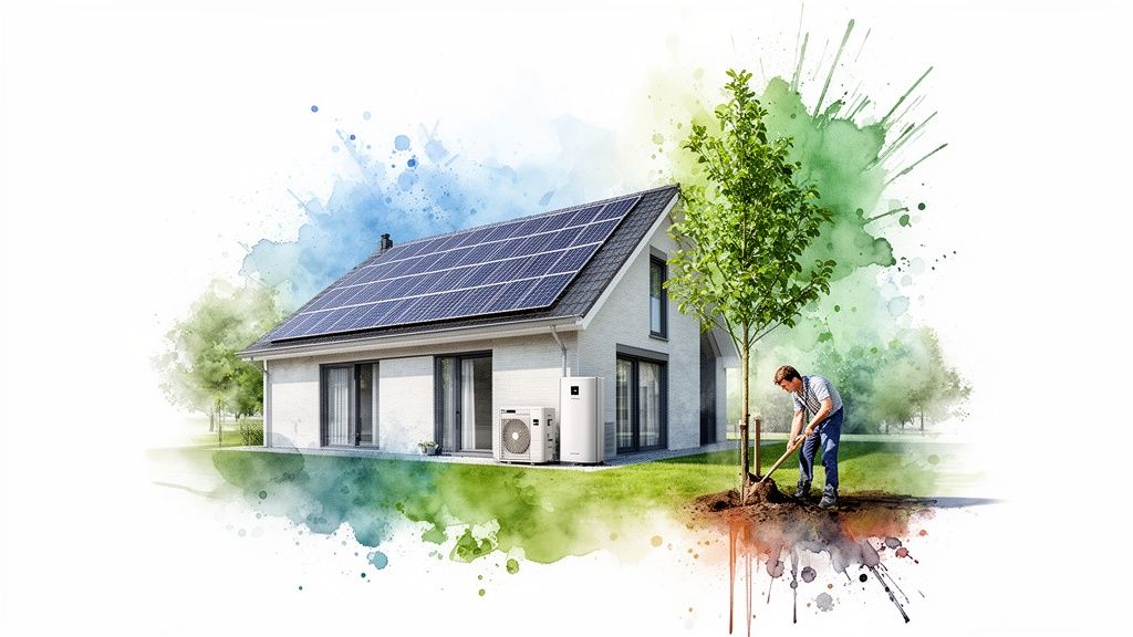Een huis met zonnepanelen en een warmtepomp, met een man die een boom plant in een groene, aquarelachtige omgeving.